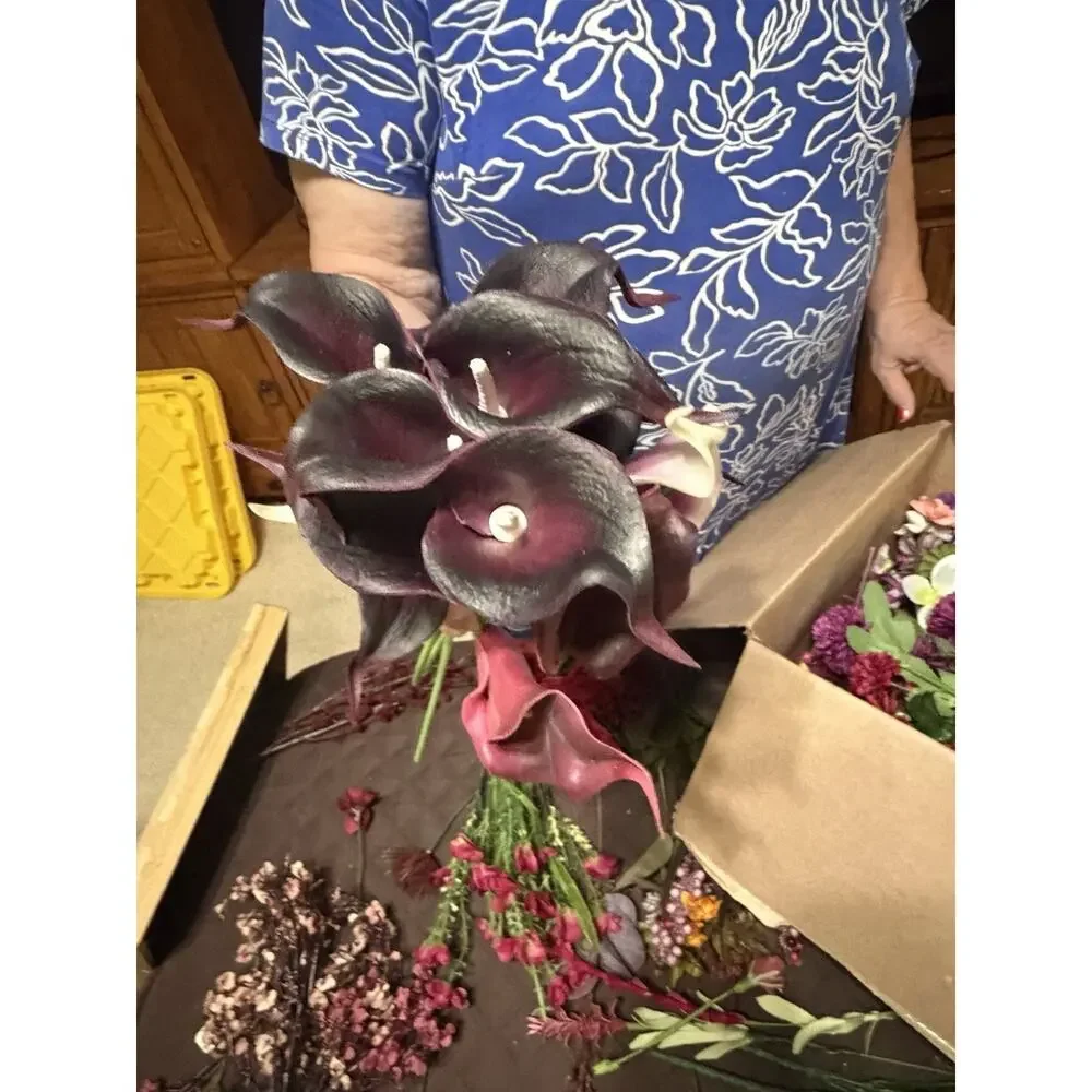 Large Lot / Box of Miscellaneous Artificial Silk Flowers - Burgundy Shades